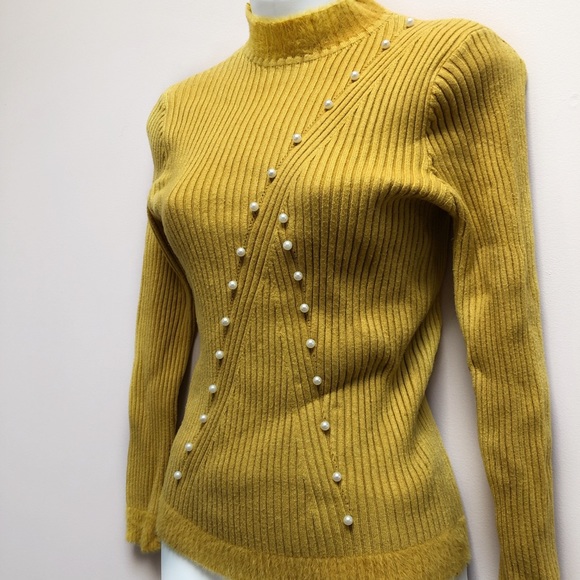 Vintage ribbed sweater angora mustard yellow pearl - Picture 3 of 10